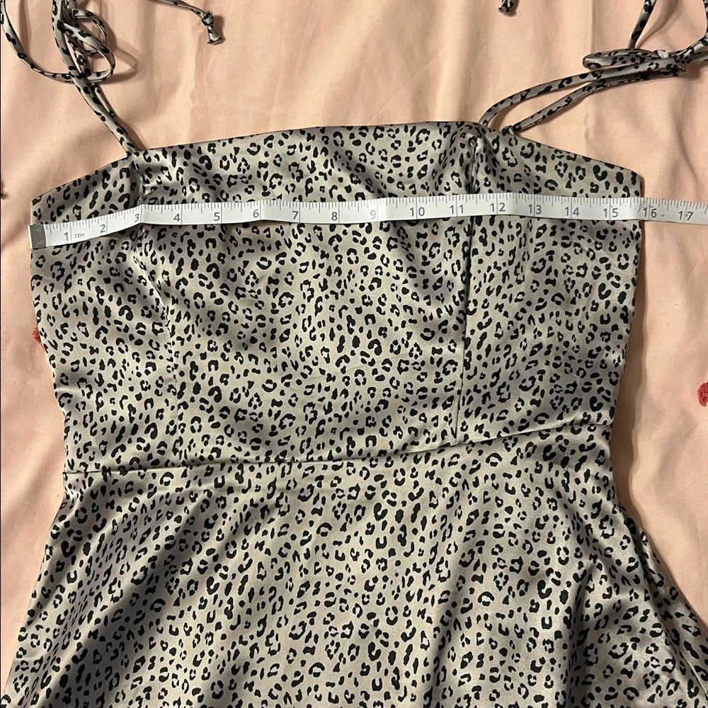 Socialite Satin Leopard Print Tie Strap Mini Dress Small | Smocked Back Animal - Picture 3 of 12